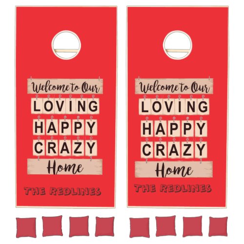 Red Funny Loving Happy Crazy Home Cornhole Set