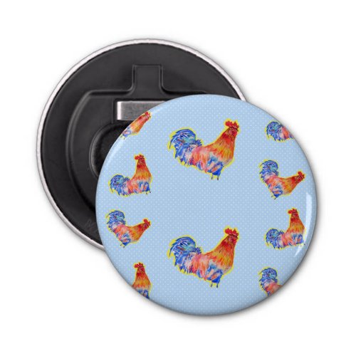 Red Funny Rooster Cockerel Blue and White Spots Bottle Opener