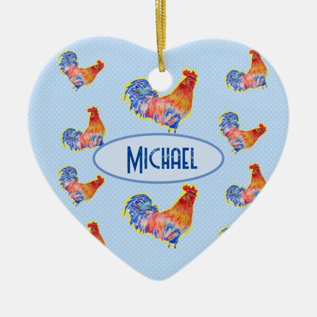 Red Funny Rooster Cockerel Blue and White Spots  C Ceramic Ornament (Front)