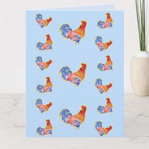 Red Funny Rooster Cockerel Blue and White Spots Card
