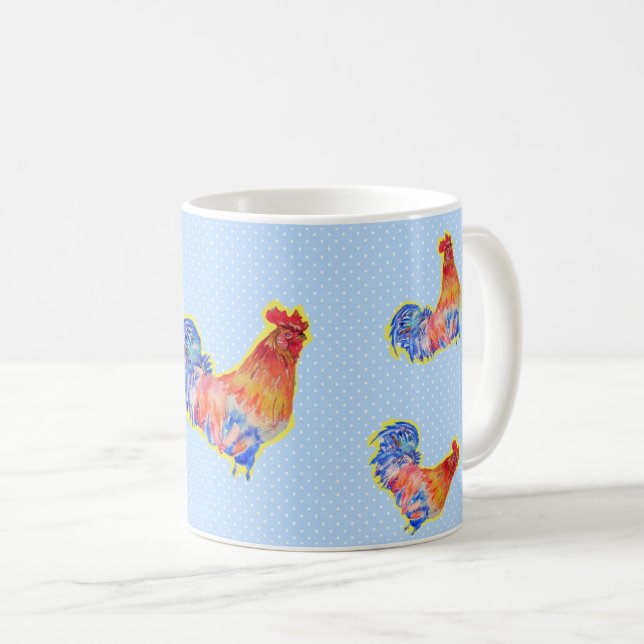 Red Funny Rooster Cockerel Blue and White Spots Coffee Mug (Front Right)