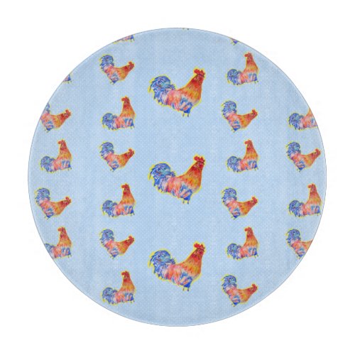 Red Funny Rooster Cockerel Blue and White Spots Cu Cutting Board