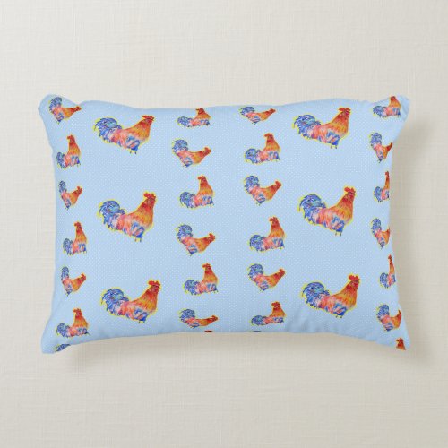 Red Funny Rooster Cockerel Blue and White Spots Fl Accent Pillow