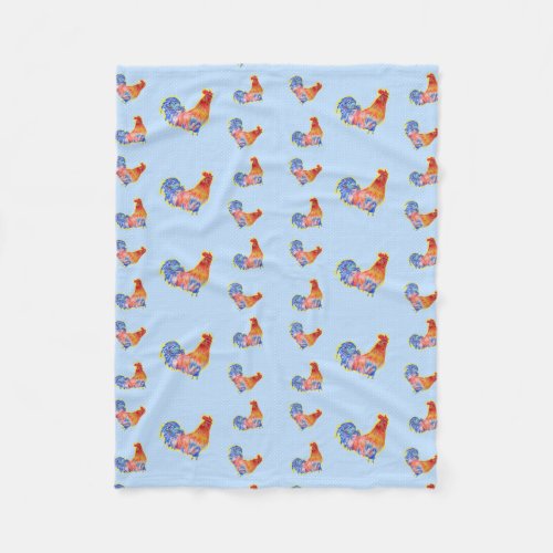 Red Funny Rooster Cockerel Blue and White Spots Fl Fleece Blanket