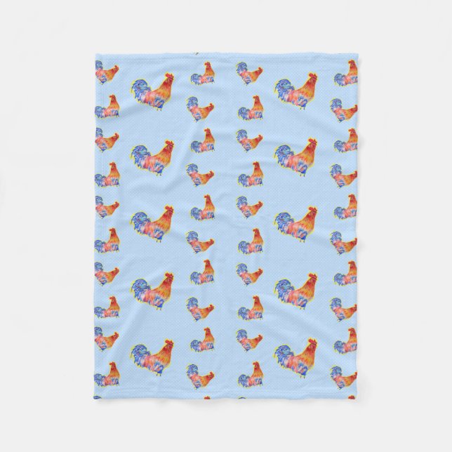 Red Funny Rooster Cockerel Blue and White Spots Fl Fleece Blanket (Front)