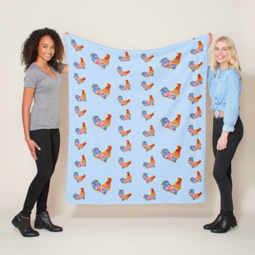 Red Funny Rooster Cockerel Blue and White Spots Fleece Blanket