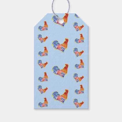 Red Funny Rooster Cockerel Blue and White Spots Gift Tags