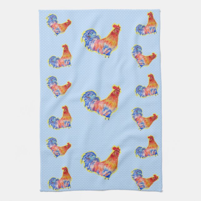 Red Funny Rooster Cockerel Blue and White Spots Kitchen Towel (Vertical)