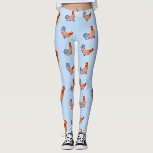 Red Funny Rooster Cockerel Blue and White Spots Leggings