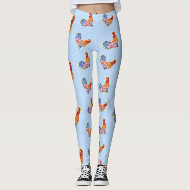 Red Funny Rooster Cockerel Blue and White Spots Leggings (Front)