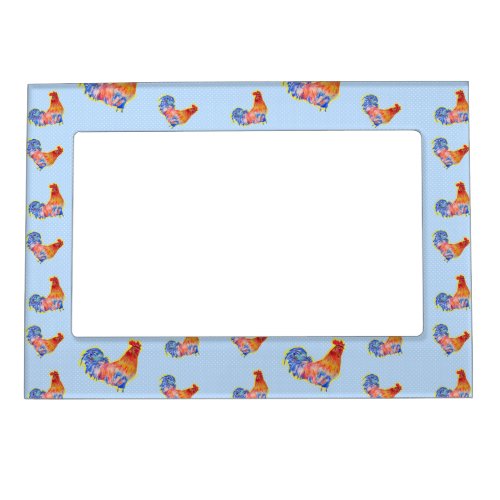 Red Funny Rooster Cockerel Blue and White Spots Magnetic Frame