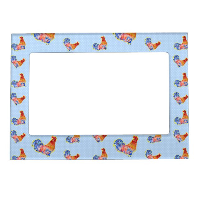 Red Funny Rooster Cockerel Blue and White Spots Magnetic Frame (Front)