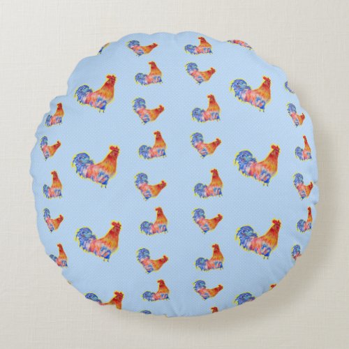 Red Funny Rooster Cockerel Blue and White Spots Round Pillow