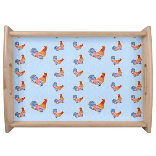 Red Funny Rooster Cockerel Blue and White Spots Serving Tray