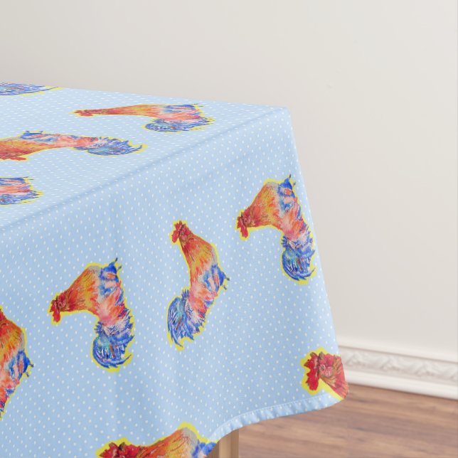 Red Funny Rooster Cockerel Blue and White Spots Tablecloth (In Situ)