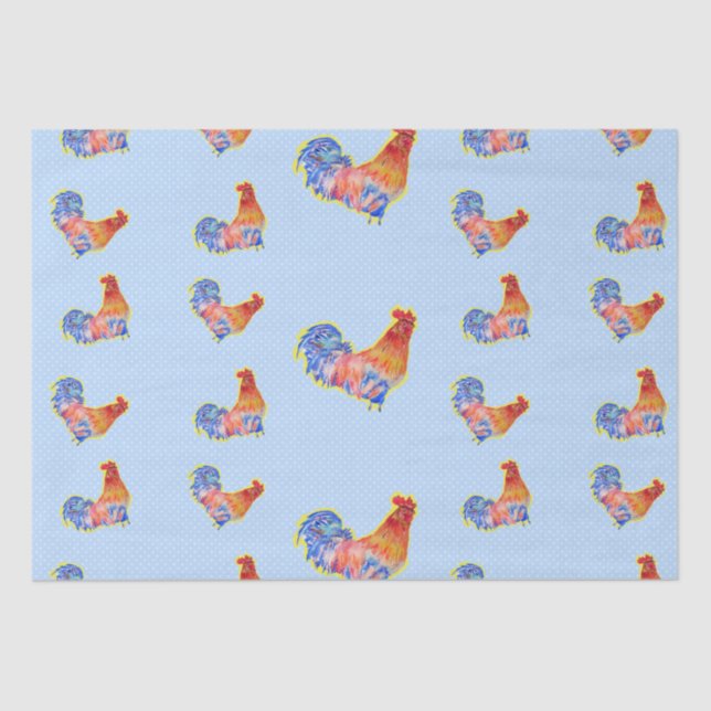 Red Funny Rooster Cockerel Blue and White Spots Tissue Paper (Front)