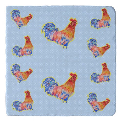 Red Funny Rooster Cockerel Blue and White Spots Trivet