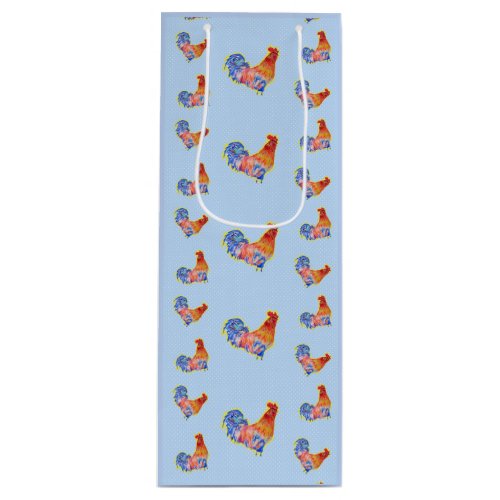 Red Funny Rooster Cockerel Blue and White Spots Wine Gift Bag