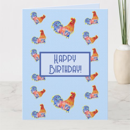Red Funny Rooster Cockerel Blue Birthday Card