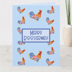 Red Funny Rooster Cockerel Blue Christmas Card