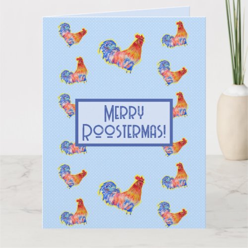Red Funny Rooster Cockerel Blue Christmas Card