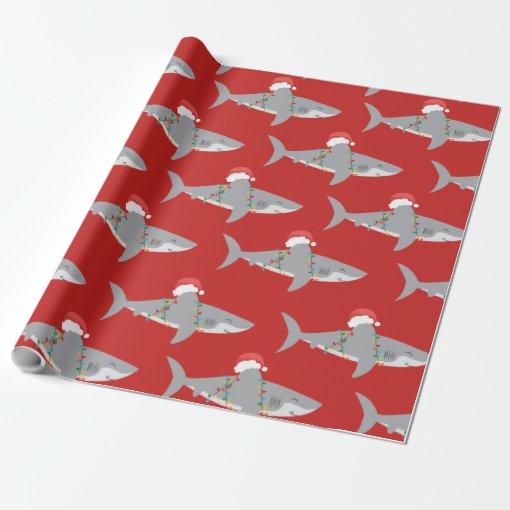 Red Funny Shark Christmas Wrapping Paper Zazzle