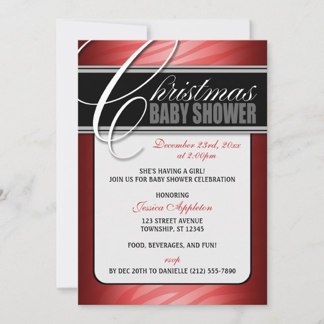 Red Fusion Zebra Print Christmas Baby Shower Invitation (Front)