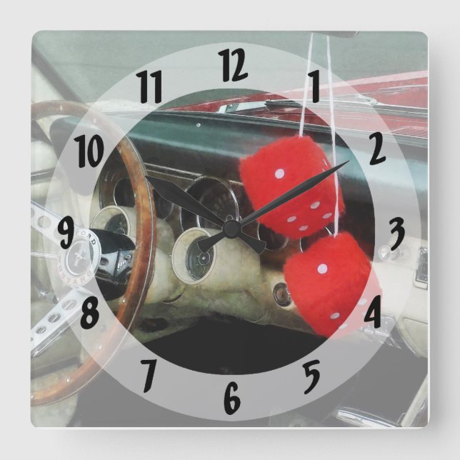 Red Fuzzy Dice in Converible Square Wall Clock (Front)