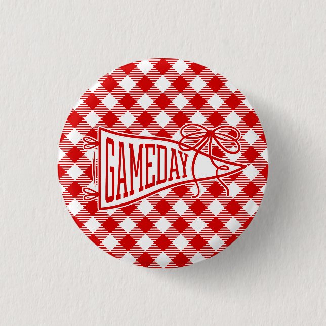 Red Game Day Gingham Pennant Bow Button (Front)