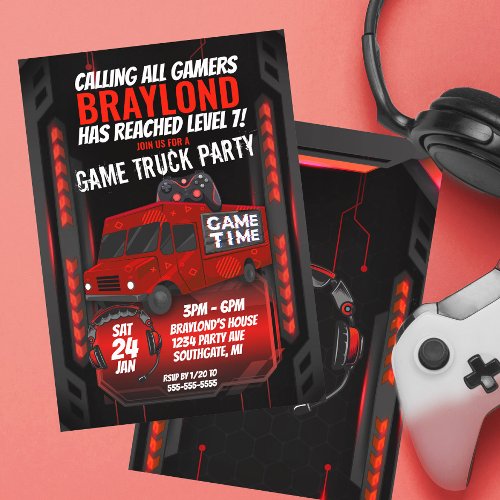Red Game Truck Birthday Party Invitation