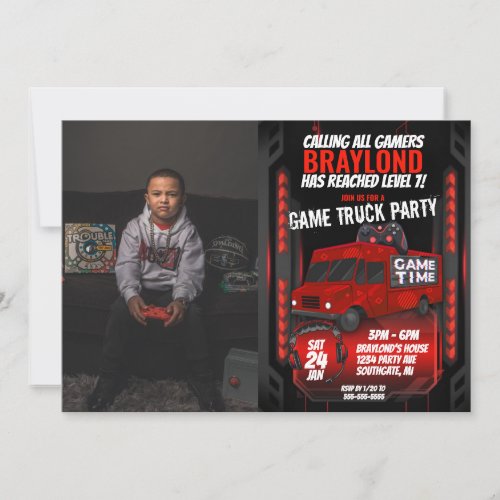Red Game Truck Birthday Party Photo Invitation