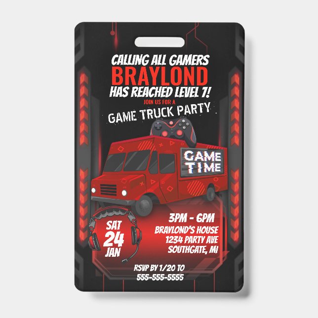 Red Game Truck Birthday Party VIP Invitation Badge (Front)