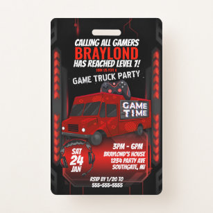 Red Game Truck Birthday Party VIP Invitation Badge