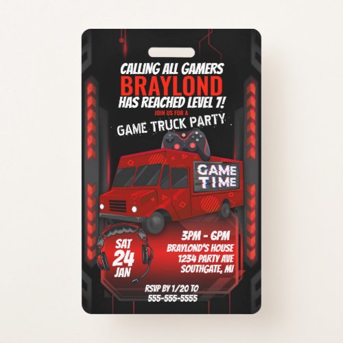 Red Game Truck Birthday Party VIP Invitation Badge