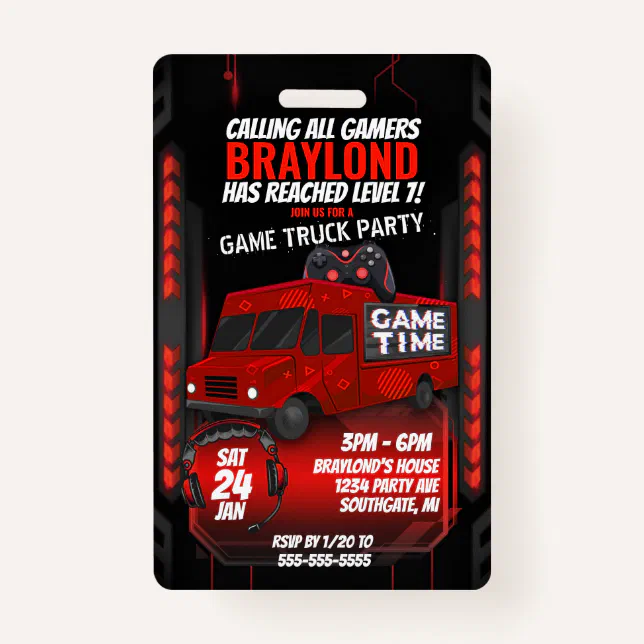 Red Game Truck Birthday Party VIP Invitation Badge Zazzle