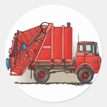Red Garbage Truck Classic Round Sticker by art1st at Zazzle