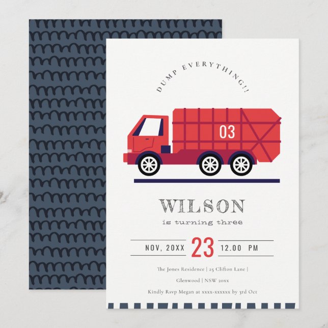 Red Garbage Truck Kids Any Age Birthday Invite (Front/Back)