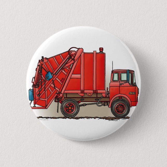 Red Garbage Truck Pinback Button (Front)