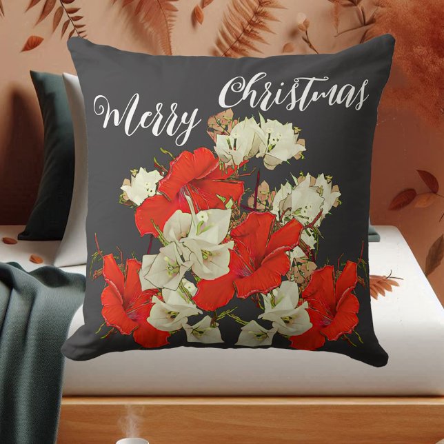 Red Garden Hibiscus Merry Christmas Floral Blooms  Throw Pillow (Red Garden Hibiscus Merry Christmas Floral Blooms Throw Pillow)