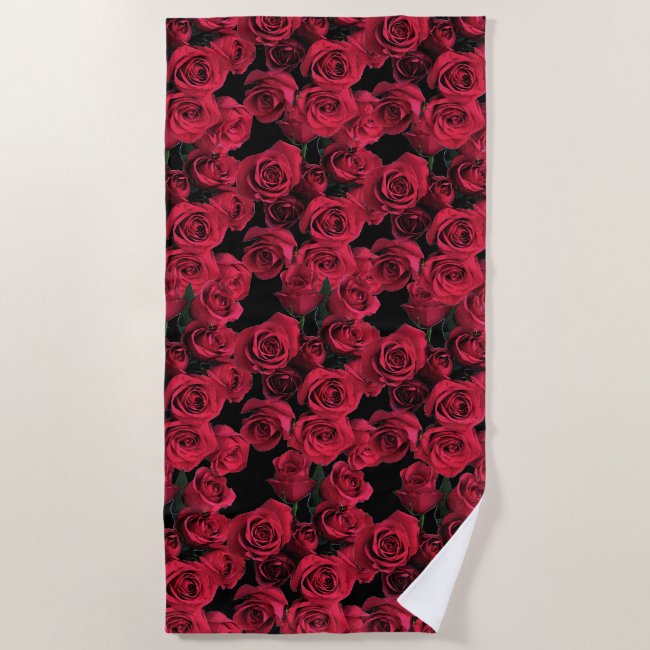 Red Garden Roses Floral Beach Towel