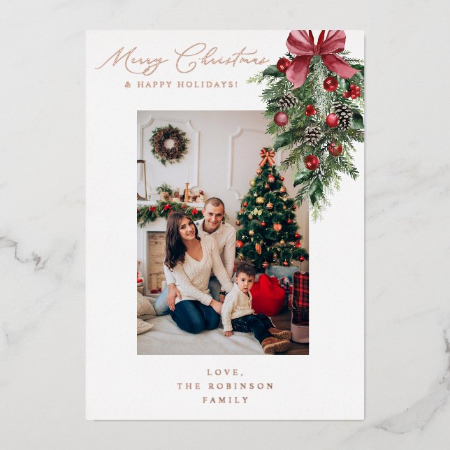 Red Garland Ornament Merry Christmas V Photo Foil Invitation (Front)
