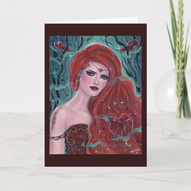 Red garnet mermaid with betta fish by Renee Lavoie Card (Front)