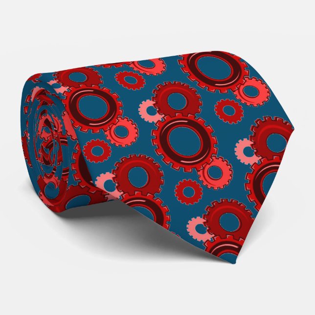 Red Gears on Navy Blue Mechanical Industrial Neck Tie (Rolled)