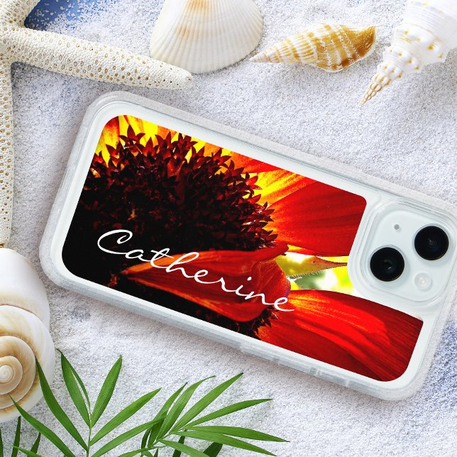 Red gebera daisy flower photo monogram name bold iPhone 15 case (Creator Uploaded)