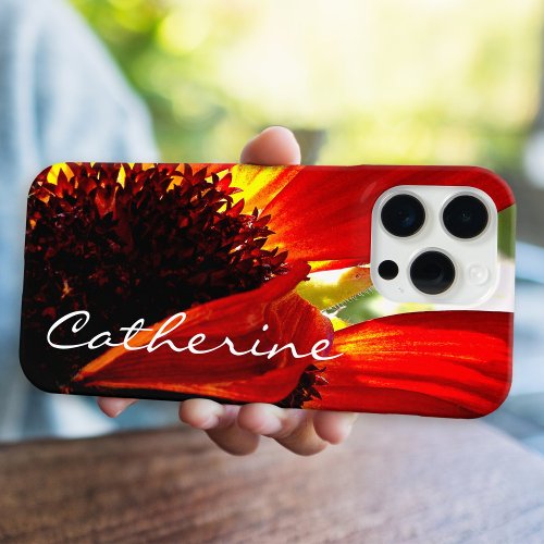 Red gebera daisy photo add your name script bold iPhone 15 pro max case