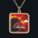 Red gebera daisy photo custom name script modern gold plated necklace<br><div class="desc">A close-up photo of a vibrant red-orange and yellow daisy will remind you of a warm, summer's day. Relax and experience the joy of this photograph whenever you wear this stunning, beautiful photography personalized name charm necklace. This necklace comes in small, medium and large sizes, as well as both square...</div>