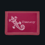 Red gecko white stylized named wallet<br><div class="desc">Encourage saving with this reptile gecko stylised wallet or purse,  personalize with your name. Currently reads Danny. Uniquely drawn and designed by Sarah Trett.</div>