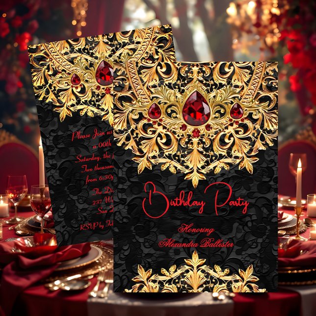 Red Gems Gold Black Lace Damask Birthday Party Invitation (Creator Uploaded)