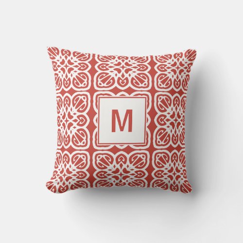 Red Geometric Boho Monogram Throw Pillow