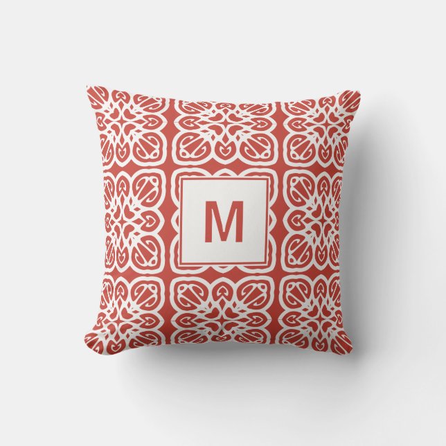 Red Geometric Boho Monogram Throw Pillow (Front)